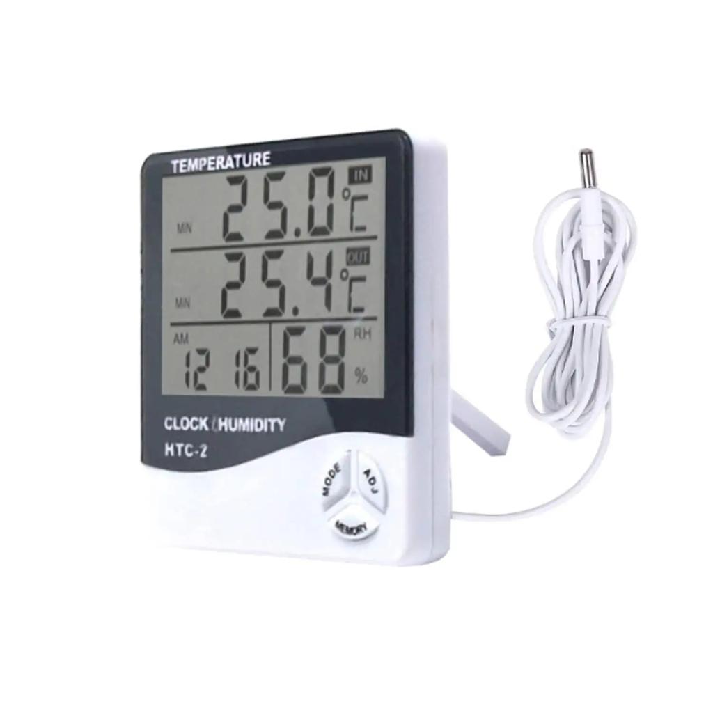 HTC2 Digital Indoor and Outdoor Thermometers High Accuracy Recharge With External Probe Metre Clock Alarm Big LCD Display Screen