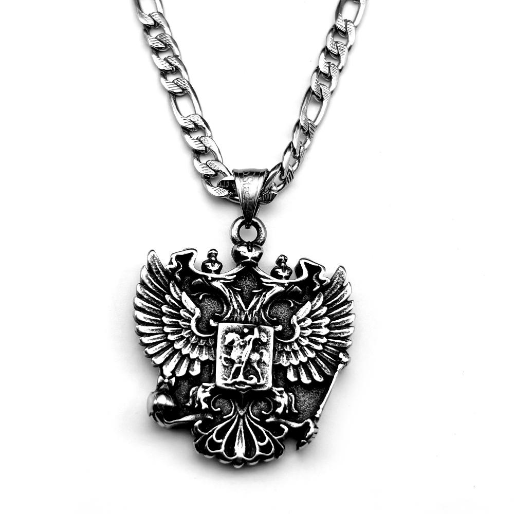 Russian Double-Headed Eagle National Emblem Symbol Pendant Necklace for Women Men Silver Color Stainless Steel Chain Jewelry