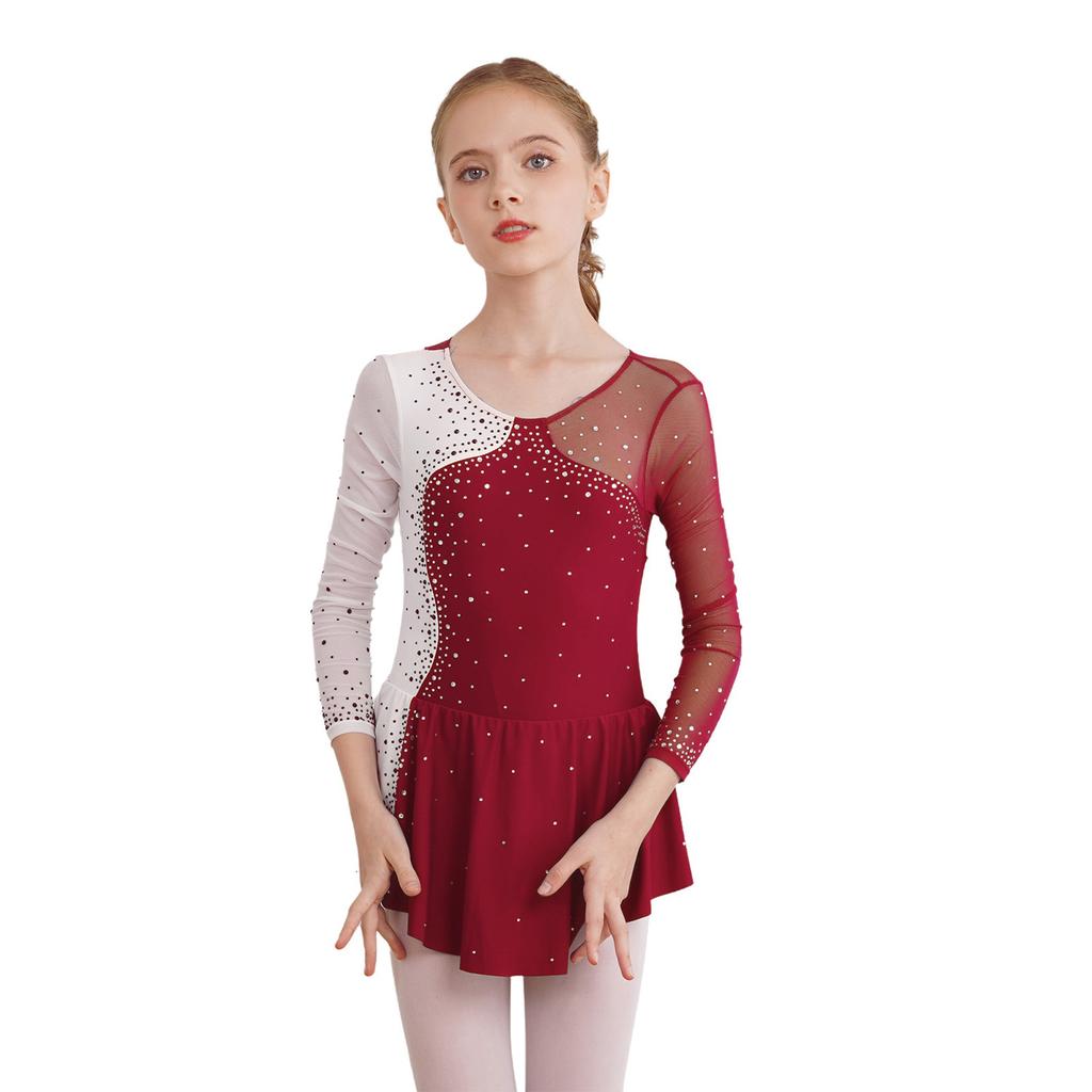 Girls' Ice Skating Leotard Dress Kids Long Sleeve Shiny Rhinestone Ballet Gymnastics Dance Clothes