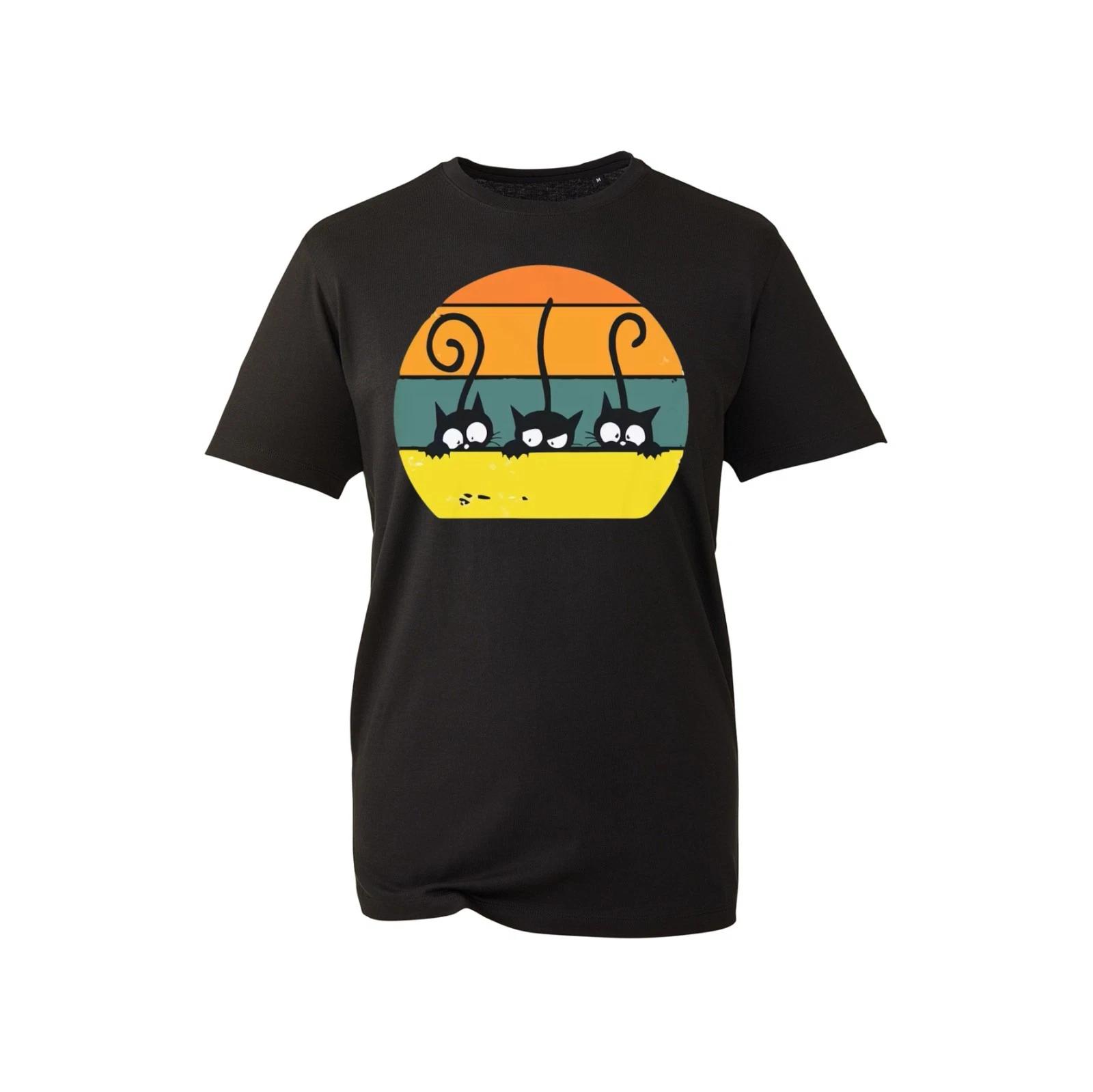 Retro Three Black Cats T Shirt Vintage Sunset Funny Kitty Graphic Tee Gift 3XL