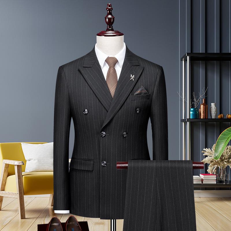 

Men s High-Grade Coffee Striped Double-Breasted Suit Set: Black Formal Wear for Weddings & Business 5XL (Recommended 175-195 jin)