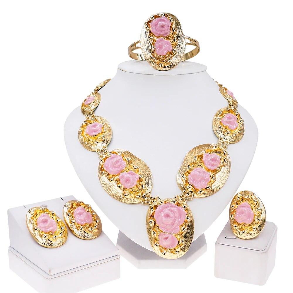 

Браслет для женщин, комплект ювелирных изделий, розовый цветок, капельное масло, ремесло, нежное позолоченное ожерелье, серьги, кольцо, подарок для вечеринки, Bijoux SYHOL