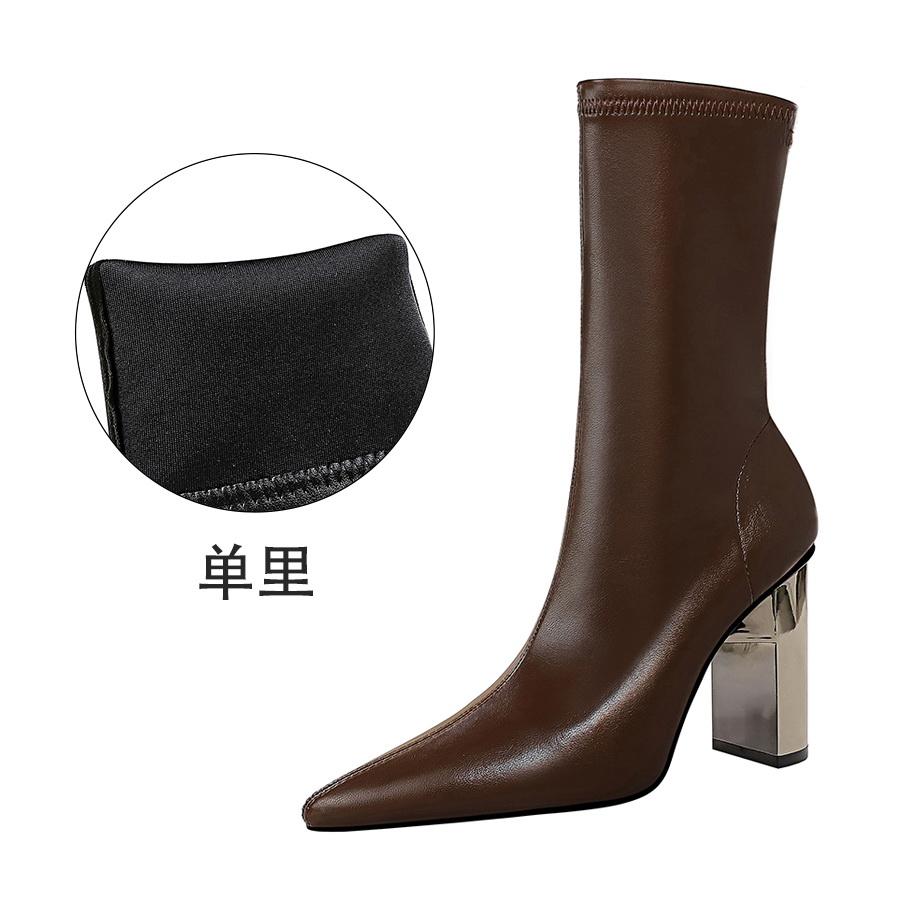 Bigtree Shoes Mid-Calf Boots Chunky Block Heels Women Boots Pointed High-Heeled Boots Lady Pu Leather Boots Autumn Winter Shoes