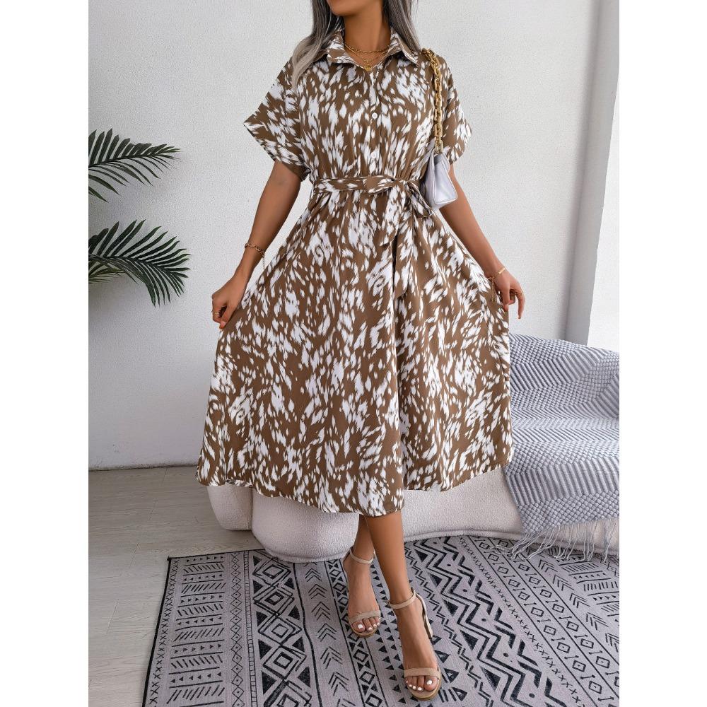 Frühlings- und Sommer-Freizeitkleid mit Leopardenmuster zum Binden für Damen, lockeres Peplum-Freizeitkleid