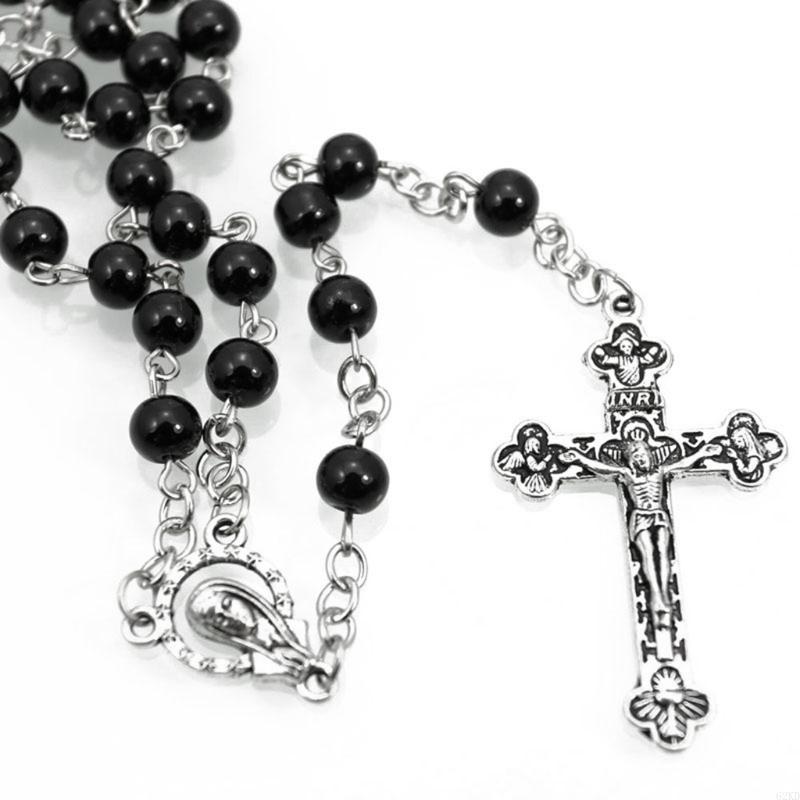 62KD Vintage Religion Rosary Necklace Hematite Stone Round Beads Chain with Jesus for Cross Pendant Necklace Catholic Jewelry