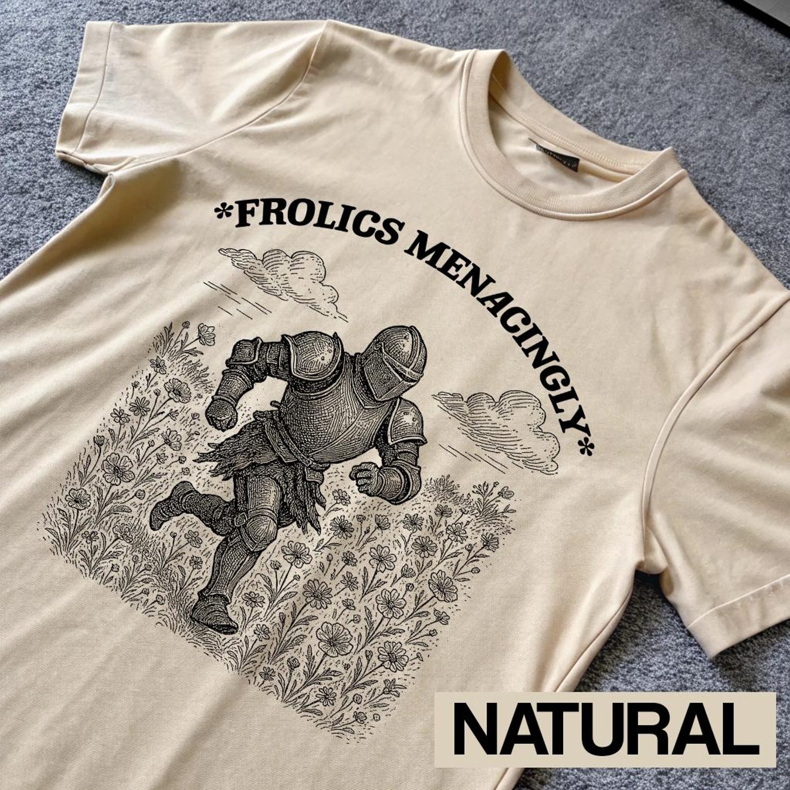 Frolics Menacingly | Unisex T Shirt, Medieval Knight Vintage Meme T-Shirt XL