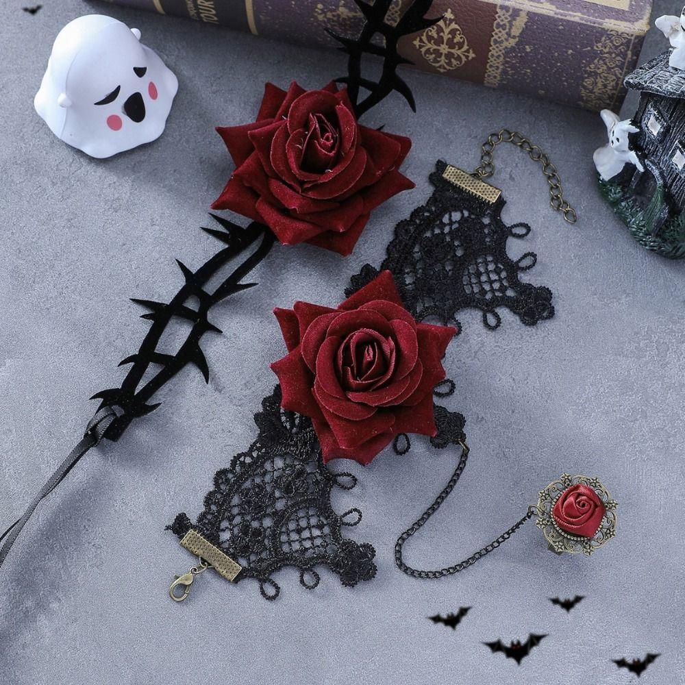 Bracelet Halloween Necklace Exaggerated Gothic Earrings Lace Flower Jewelry Set Halloween Costume