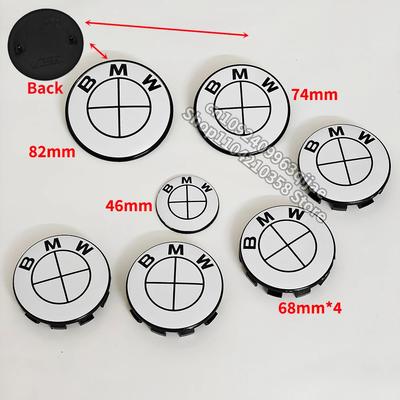 Car Full White Logo Front Hood Emblem 82mm+Rear Badge 74mm+Wheel Hub Cap 68mm/56mm+steering Wheel Sticker 45mm For All