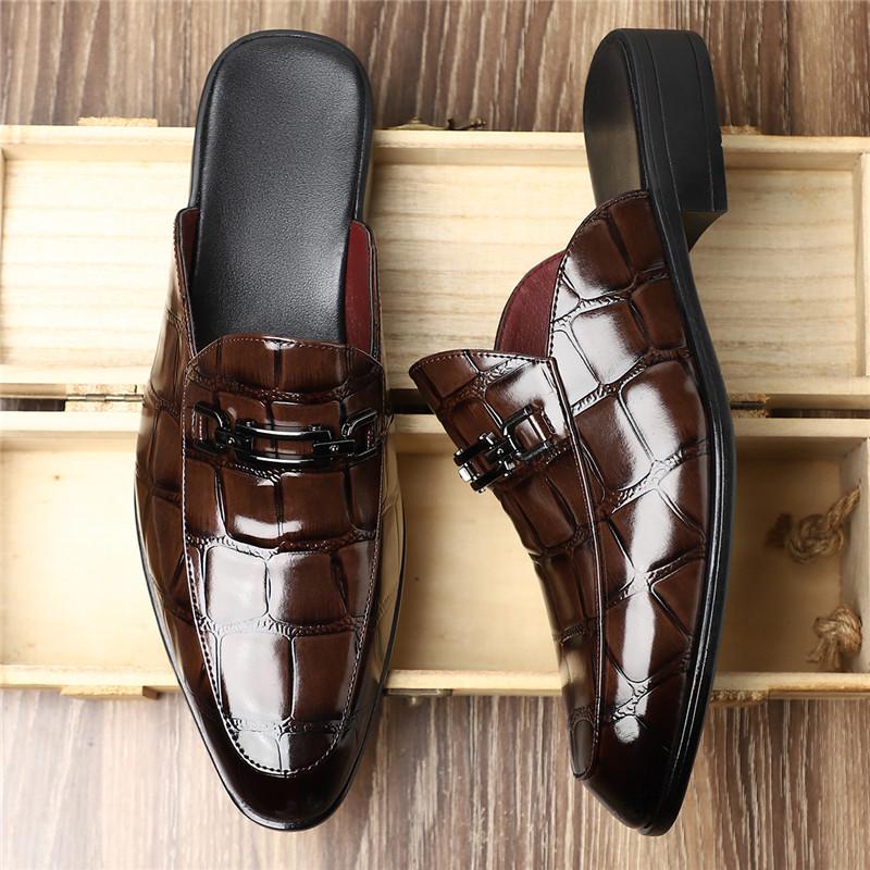New Men's Black Grey Brown Crocodile Pattern Leather Half Slippers Shoes Male Casual Mules Moccasins Breathable Loafers