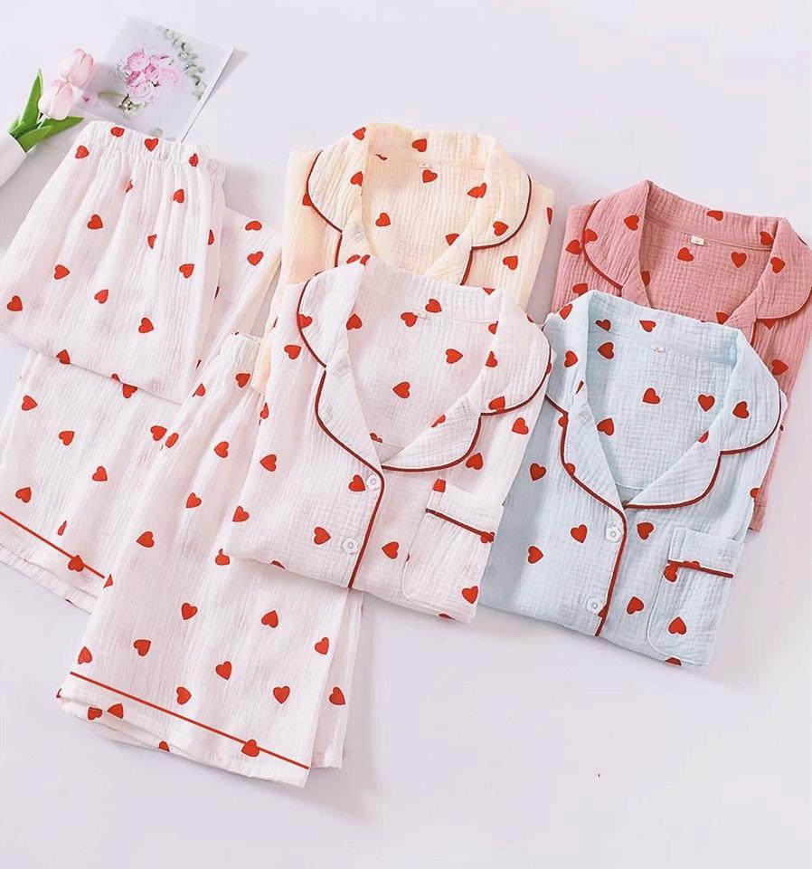 Women's Love Heart Pajama Set: Short Sleeve, Long Pants, 3-Piece Cloud Cotton for Indoors & Outdoors - Spring & Autumn
