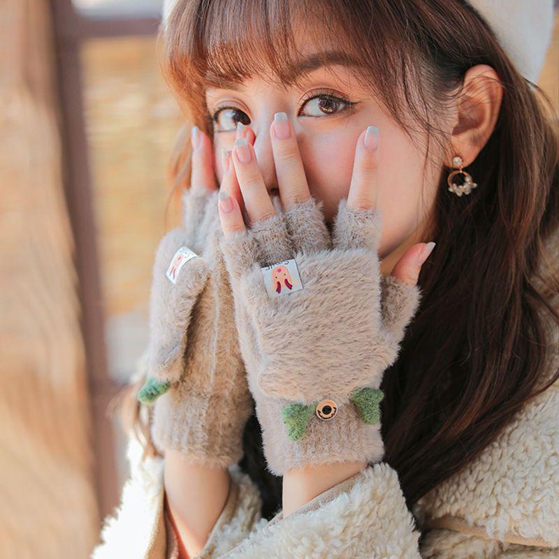 Women's Winter Fleece-Lined Antler Gloves - Cute Korean-Style, Wool Plush, Half-Finger with Flip-Top, Warm & Cold-Proof for Students & Big Kids