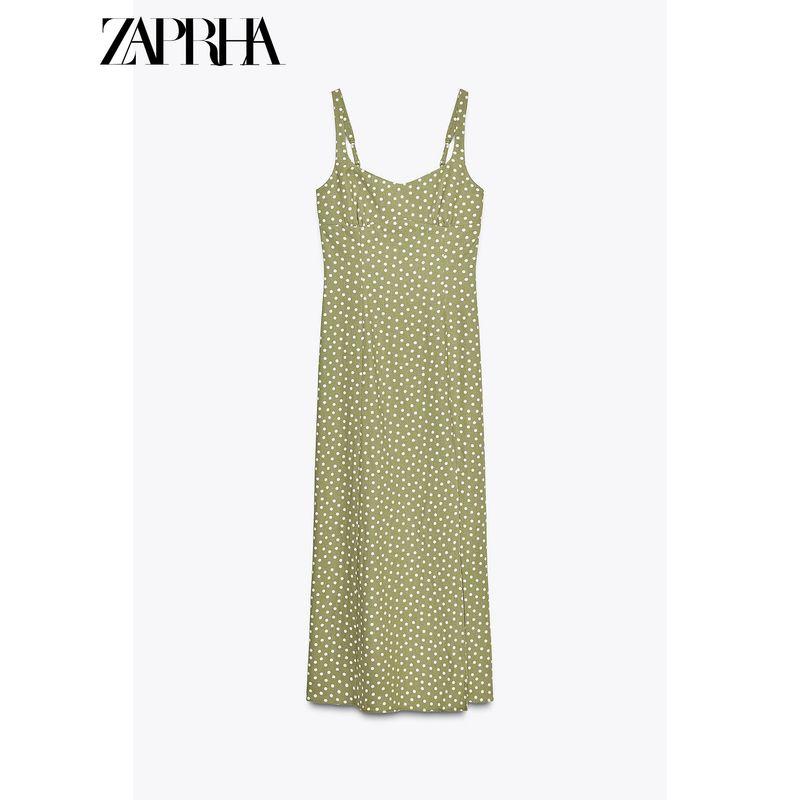 Zaprha 2025 New Arrival Elegance Linen Polka Dot round Neck Camisole Midi Skirt Dress Waist Slim Looking 8008677