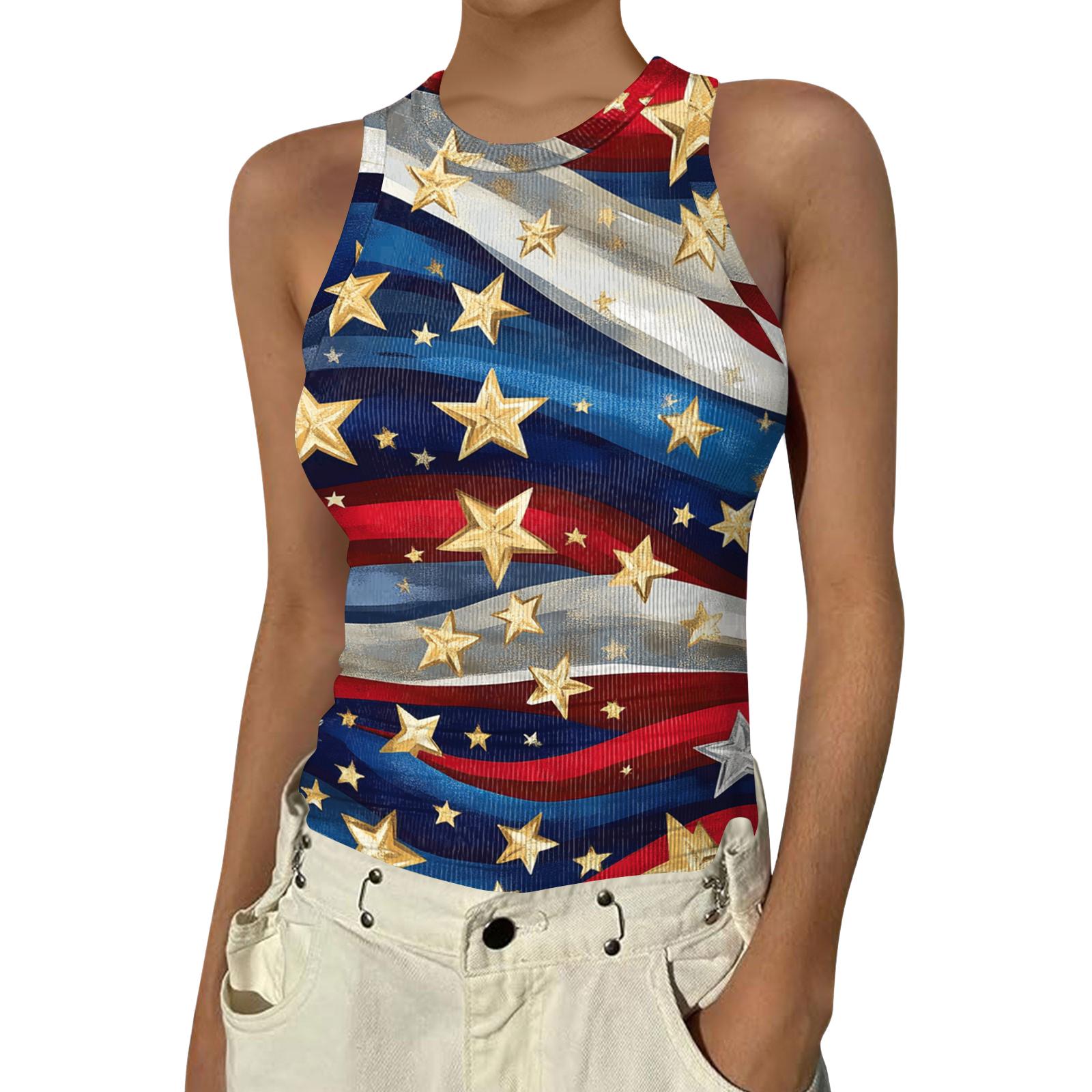 Women s Fashion Round Neck Independence Day Print Sleeveless Vest Top XXL