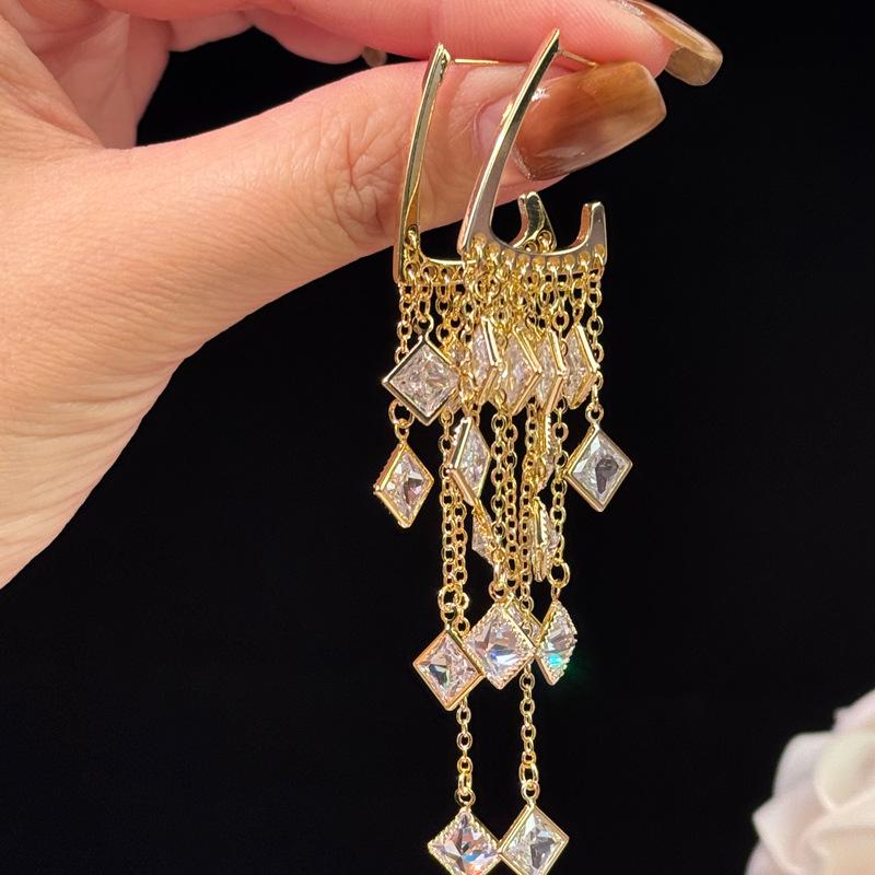 Used Silver Zircon Tassel Rhombus Earrings - Fashionable, Retro, Versatile, High-End Luxury for Women