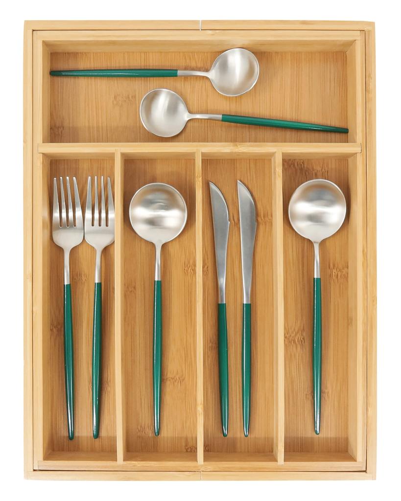 VaeFae Bamboo Silverware Organizer, Expandable Kitchen Drawer Organizer for Cutlery, Wooden Utensil Holder, Multifunctional Drawer Storage, 5-7 Compar