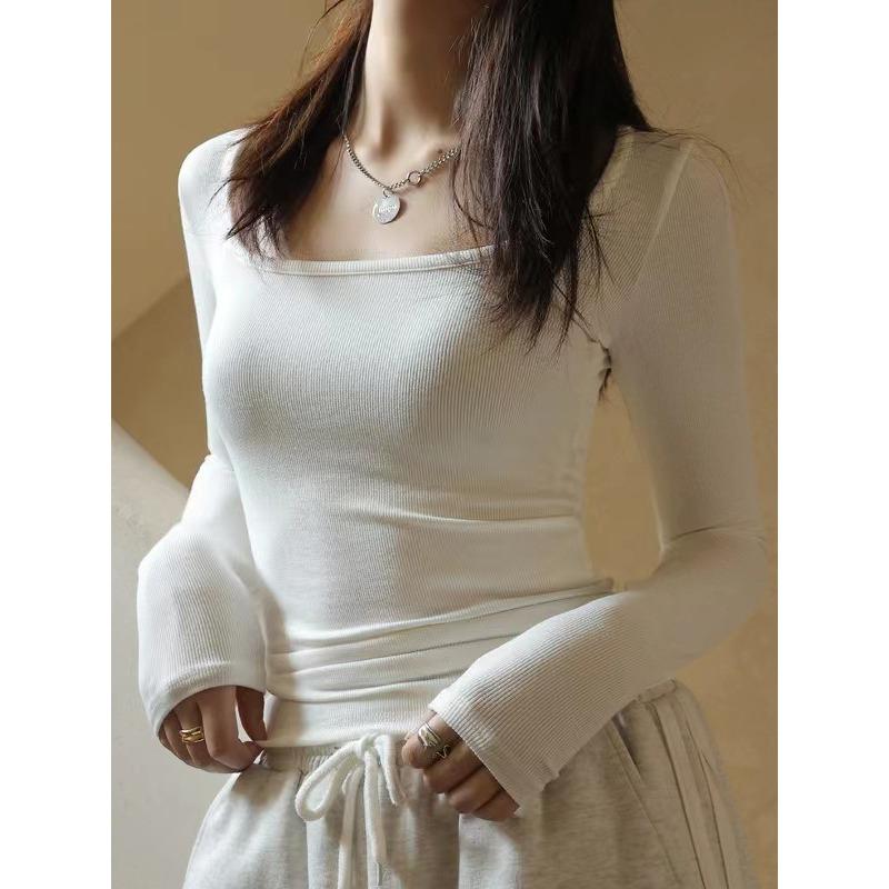 Shirt Square Neck Ribbed Fabric Autumn Bottom Shirt Black Low Neck Women's Shirt Striped Splicing