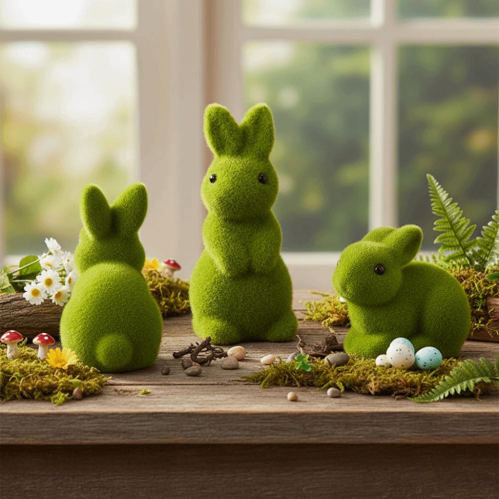 Green Flocked Easter Decorations Simulation Moss Artificial Fake Animal Bunny Figurine Moss Green Faux Moss Rabbit Ornaments