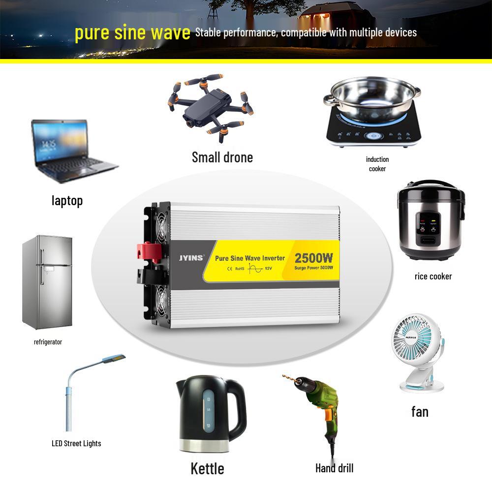 2500W Pure Sine Wave Inverter 12V/24V to 220V for Home, Solar, or Car Backup