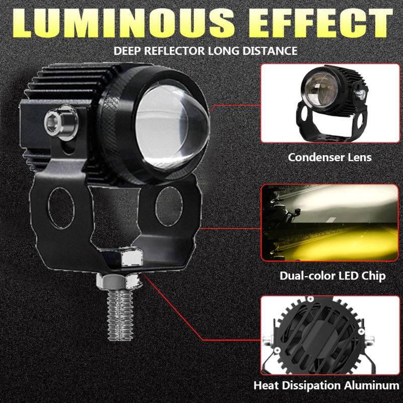 2Pcs Motorcycle Led Lens Spotlight Dual-Color High Low Beam External Headlight Auxiliary Fog Lamp Moto Driving Lamp