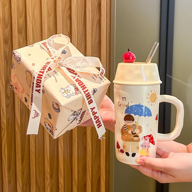 Roztomilý hrneček se slámkou Chlapci a dívky keramický hrnek vysoké hodnoty s víčkem dárek k narozeninám praktický suvenýr dárková krabička