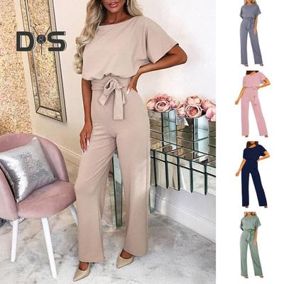 Mono de manga corta para mujer, con lazo en la cintura, cinturón, recto, pierna ancha, pantalón, mono informal de cuello redondo, mono de una pieza
