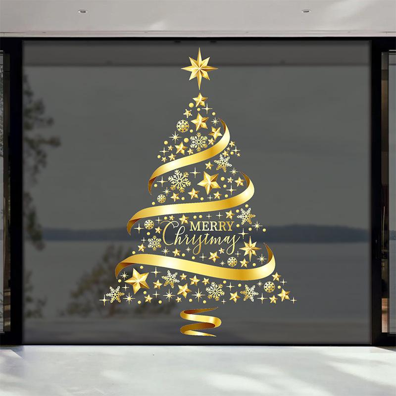 Golden Christmas Garland Window Stickers Christmas Decoration For Home Shopping Mall Showcase Glass Door Decals Snowflake Xmas