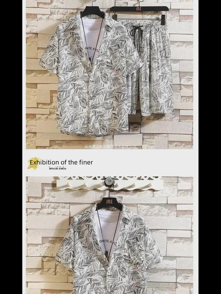 Men's Ice Silk Quick-Dry Floral Two-Piece Set: Trendy Summer Short-Sleeve Shirt & Beach Shorts, Couples' Matching Outfit.