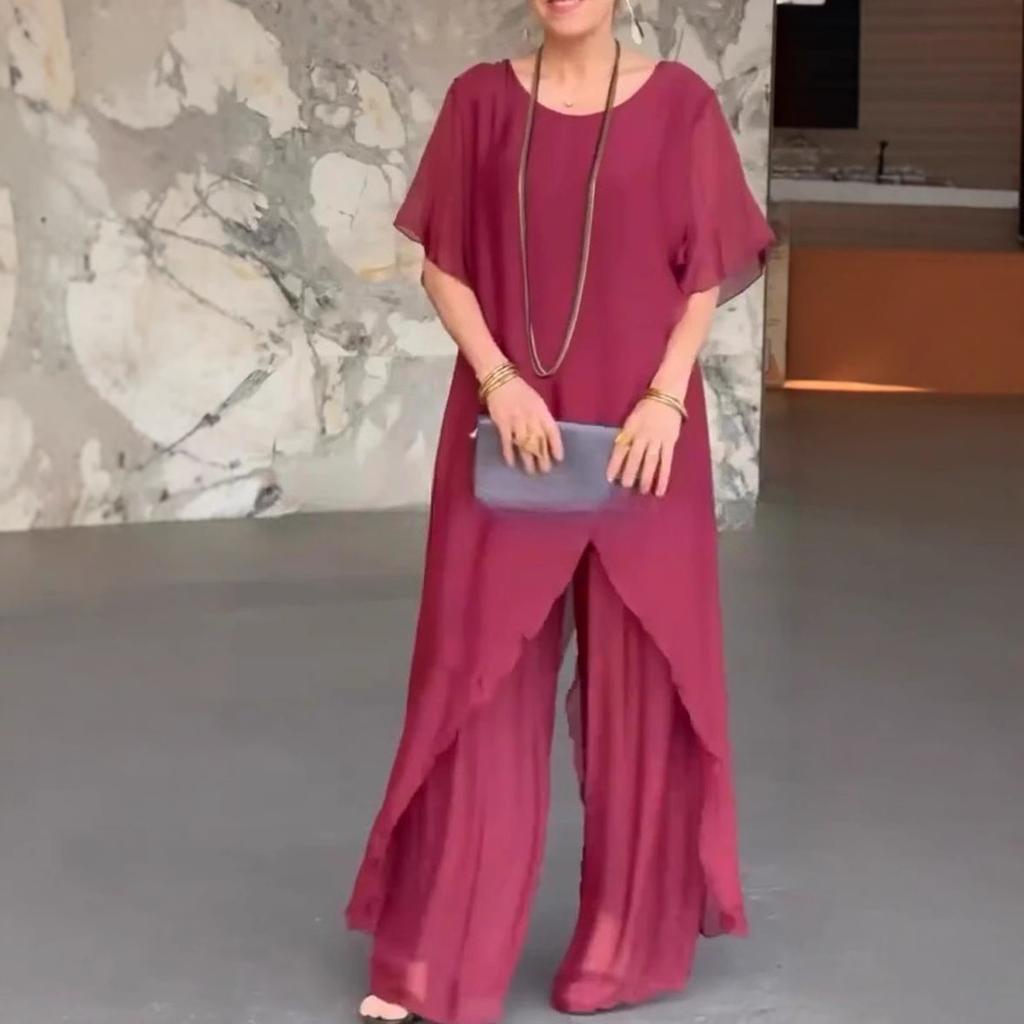 Women's Loose Fit Asymmetrical Hem Short Sleeve Top & Wide Leg Pants Set In Earth Tone