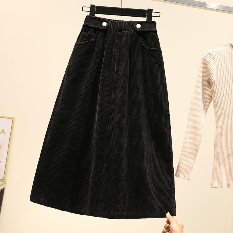 Übergröße Damen Herbst- und Winter Cordrock Retro Midilänge Neuer Stil Mm Hohe Taille Khaki Locker und Schlank