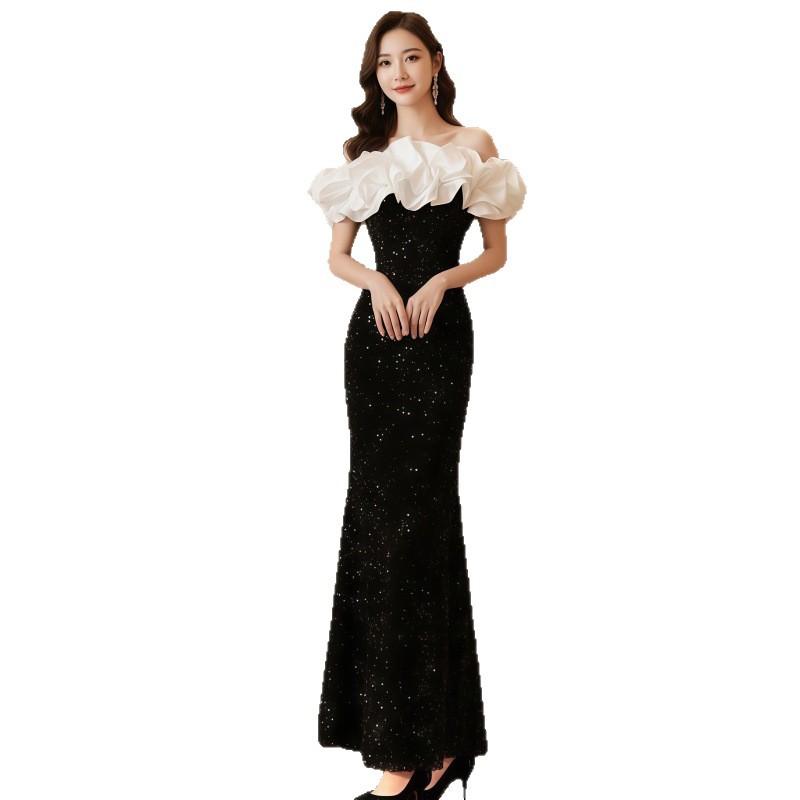 Premium One-word Shoulder Evening Dress Niche Fishtail Host Annual Meeting Dress Sequined Temperament Banquet Dress Women