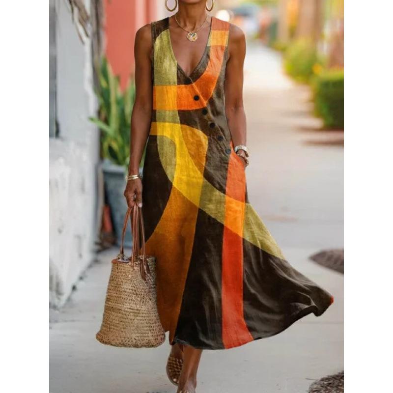 26-Y2 Summer V-Neck Sleeveless Oblique Button Vest Skirt Long Women s Vacation Casual Dress S