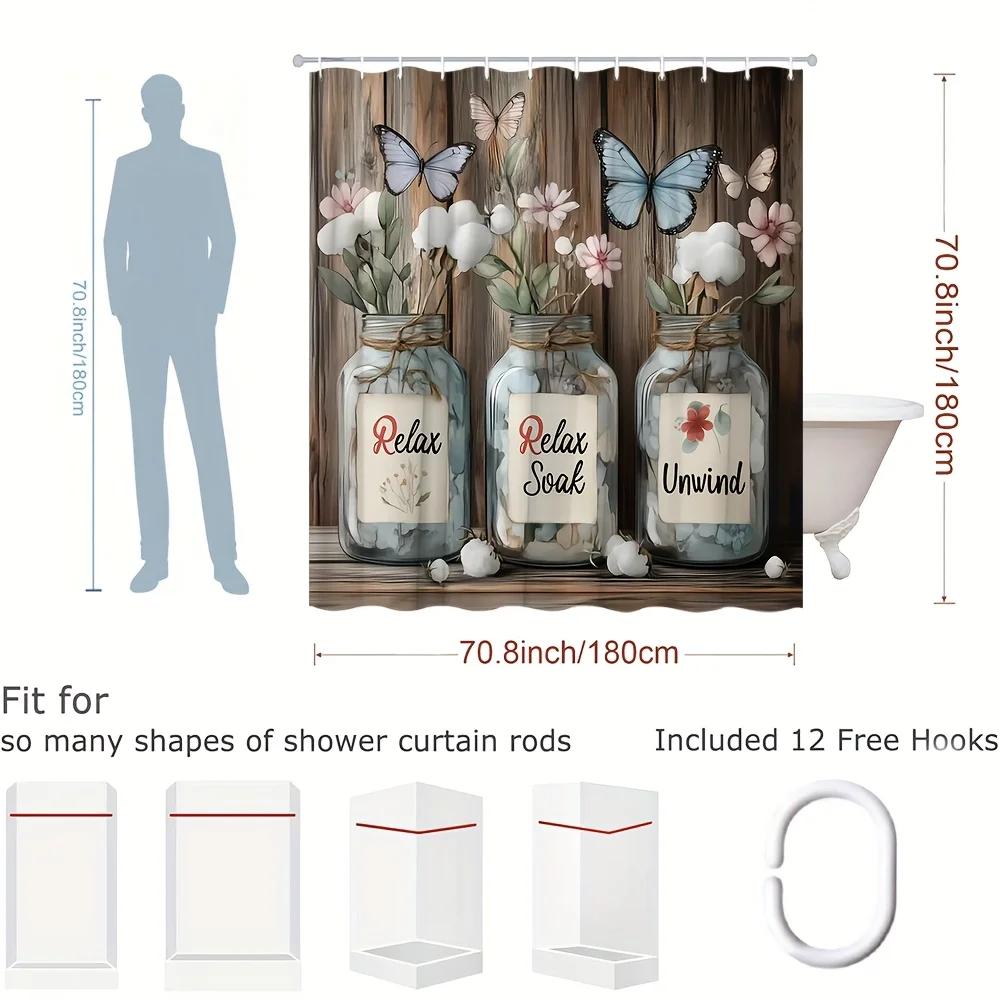 Vintage Floral Shower Curtain - Rustic Planks & Butterflies Farmhouse Design, Machine Washable,Polyester Fabric for Home & Hotel