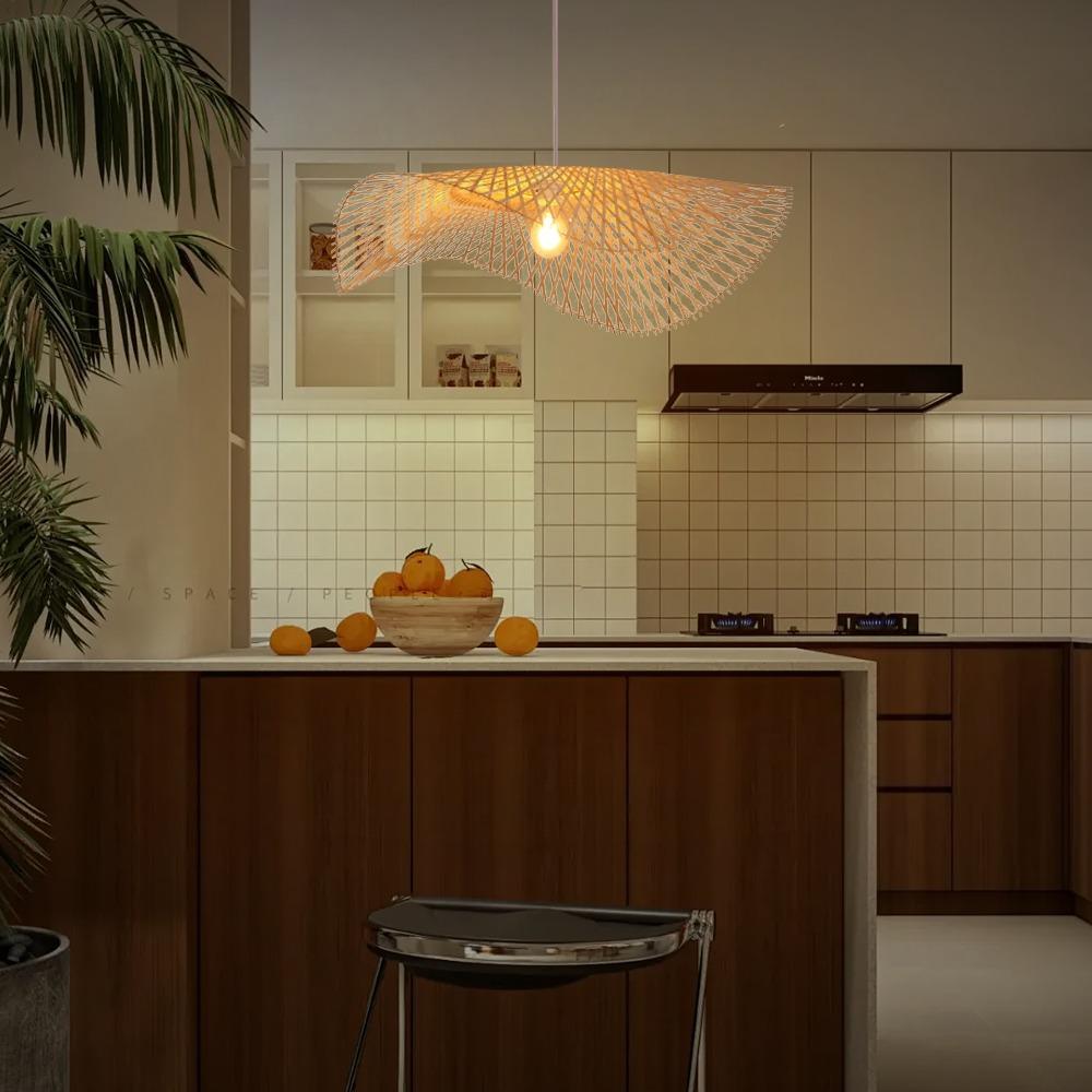 Modern Design Natural Bamboo Wicker Handmade Rattan Kitchen Hanging Pendant Lamps Woven Ceiling Lamp for Retro