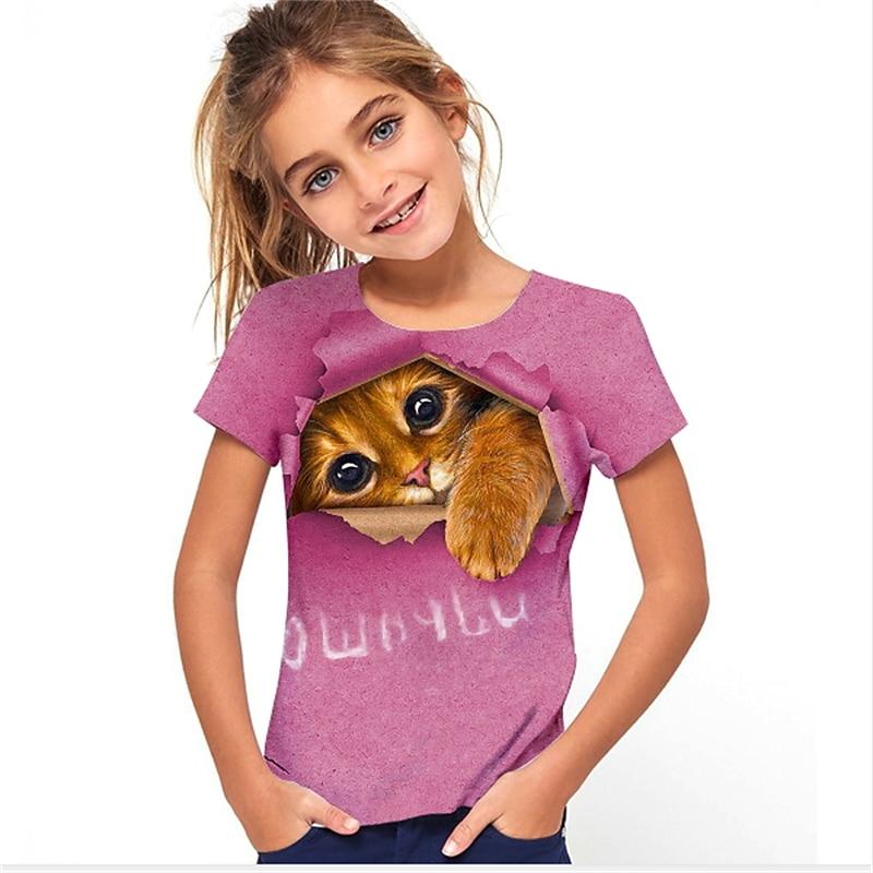 Girls' 3D Graphic Animal Cat T shirt Tee Short Sleeve 3D Print Active Cute Kids 3-12 Years