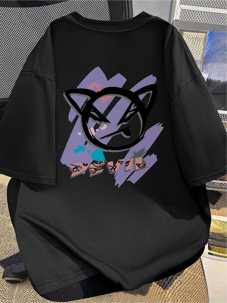 Unisex Cotton Short-sleeve T-shirt with Graffiti Demon Cat Print, Street Style Top