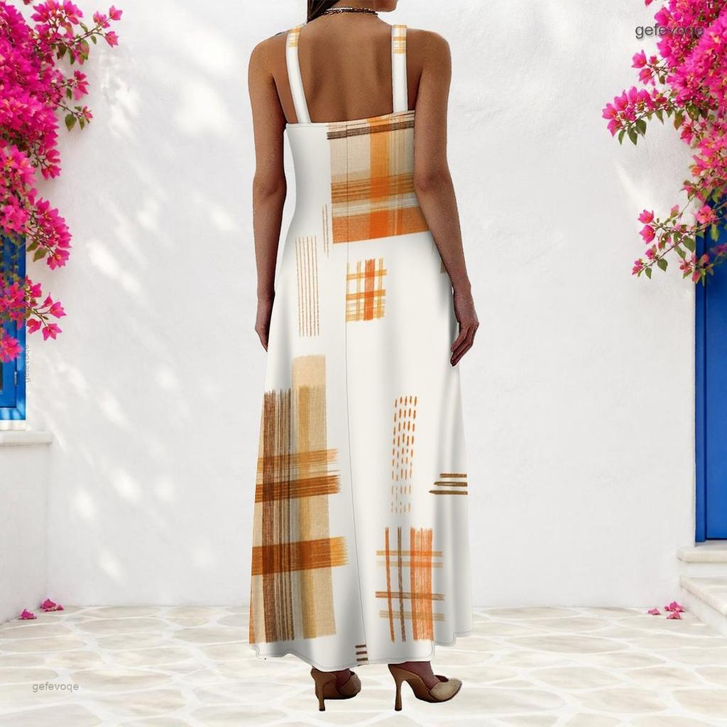Women Plus Size Scoop Neck Strappy Sleeveless Geometric Printed A Line Long Dress