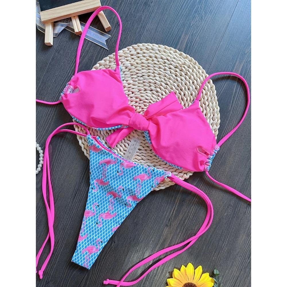 Sexy Grid Flamingo Print Swimsuit Woman 2026 New Two-Piece Swimwear Push Up Thongs Bikinis Set Bathing Suit Biquini