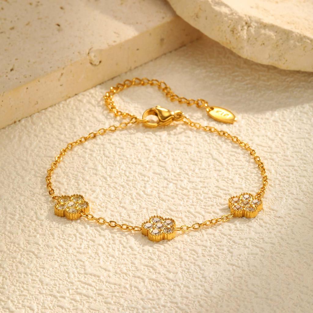 Elegant Five Leaf White Zircon Flower Bracelets, Stainless Steel Charm Chain Bracelets For Women Mom Girlfriend Gift Jewelry