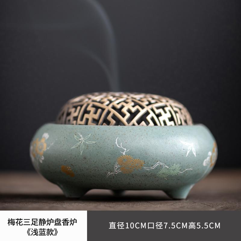 Arzător de tămâie ceramic cu trei picioare cu floare de prun, pentru interior, sobă de tămâie, arzător de aromaterapie zen, cuptor pentru lemn de agar, ornamente