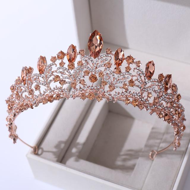 Barock Retro Rotgold Pfirsichfarben Kristall Braut Tiara Krone Strass Festzug Diadem Schleier Tiara Stirnband Hochzeit Haarschmuck