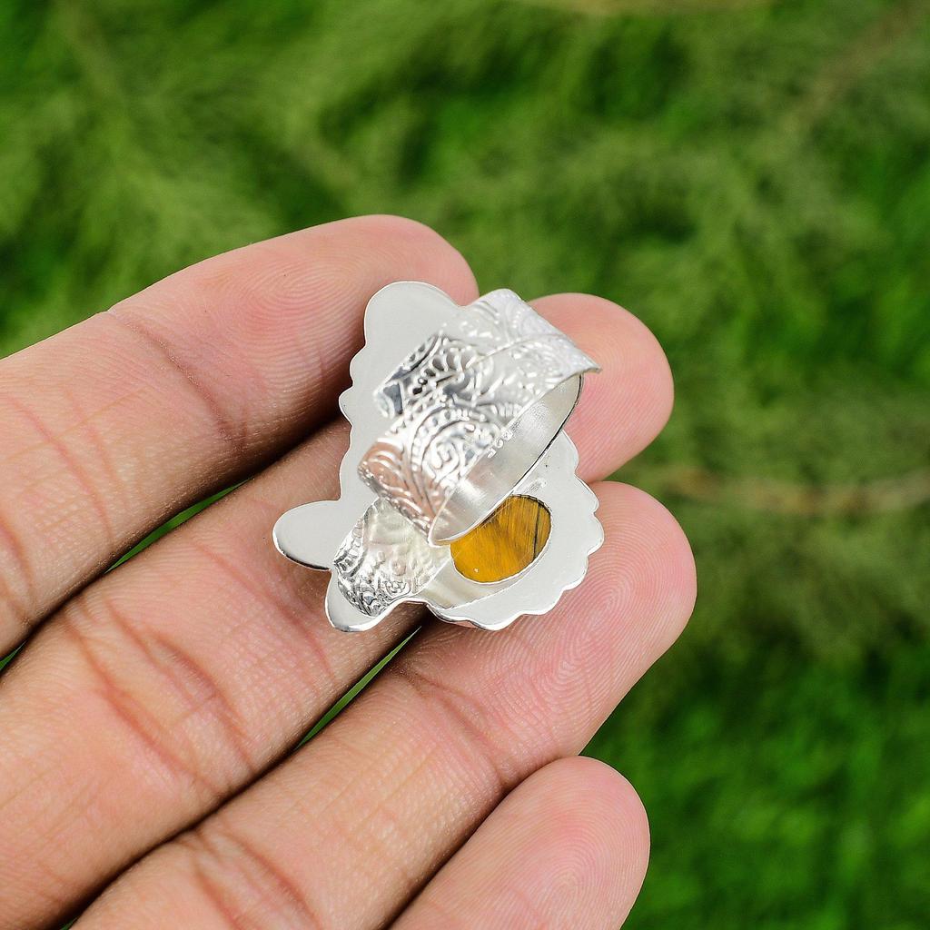 Gift For Her 925 Silver Natural TigerS Eye Gemstone Solitaire Adjustable Ring