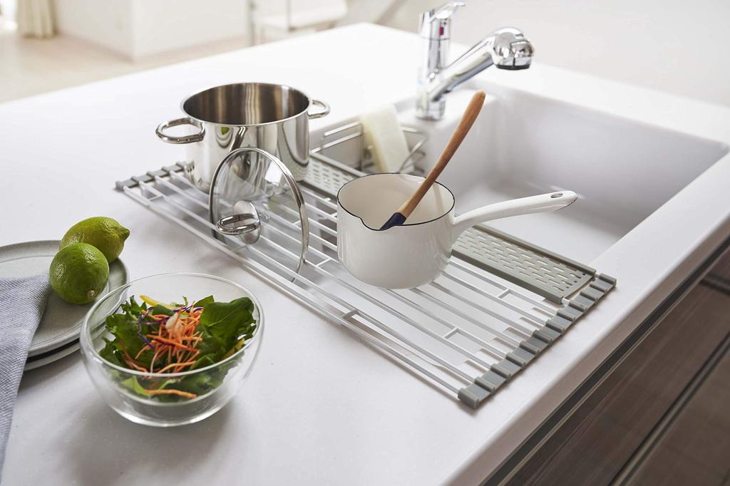 Yamazaki Folding Dish Drainer with Silicone W42 X D26 X Includes a Tray for Draining Small Storage Dish 5059 Tray, Small, White, Approx. H0.8cm,