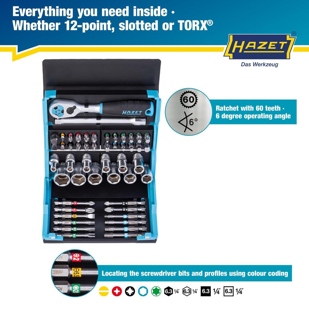 HAZET Socket Wrench Professional Tool Set with Smart Hex and Square and Made in Authentic 2200SC-2 Set, 50-Piece Case, Ratchet, 1/4-Inch (6.3mm)