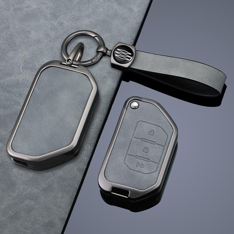 SANRILY Gray Metal Leather 3 Button Flip Key Fob Cover Fit for Jeep Wrangler JL JLU Gladiator JT Rubicon Sahara JLU 2018-2022 Keyless Key Holder with