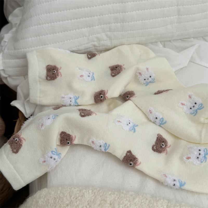 

Милые носки до середины икры с маленьким кроликом и медведем, модные повседневные хлопковые носки с мультяшным принтом для девочек, носки в школьном стиле 1 pair