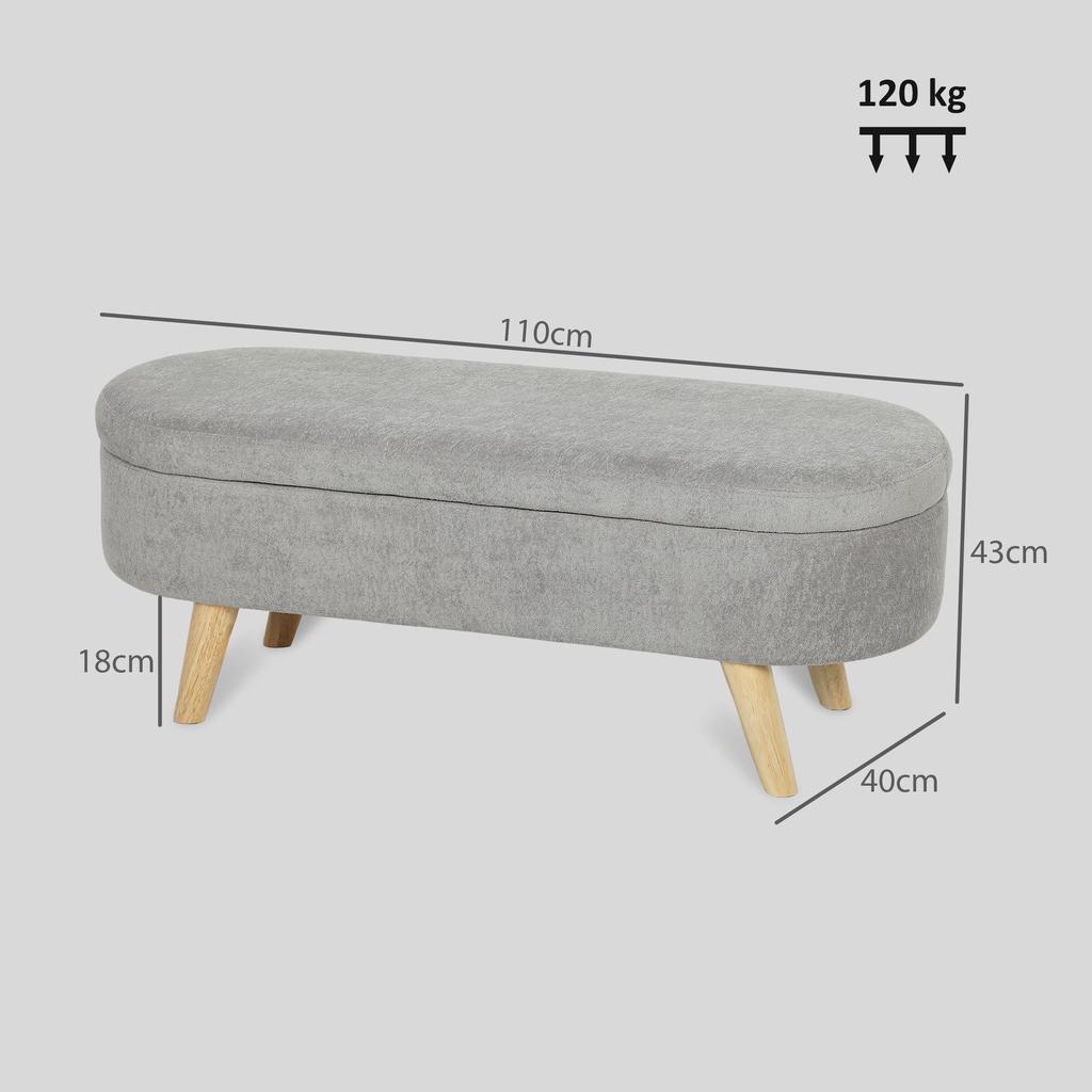 2-in-1 Fabric Storage Bed Bench, Wooden Legs, 110x40x43 cm, Light Grey