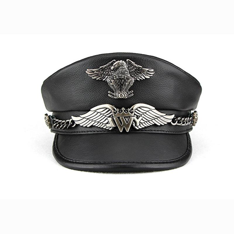 Exclusive Real Cowhide Military Cap Man Genuine Leather Flat Top Hat Fashion Eaglemark Chain Punk Locomotive Casquette Male