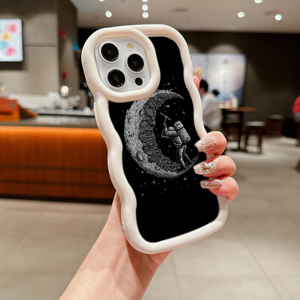 Ae97 Space Moon Astronaut Black art Protective Phone Cases for iPhone 14 13 Pro Max 11 12 15 Plus Infinix Hot 40i Smart8 Tecno Big Wave TPU Back Cover