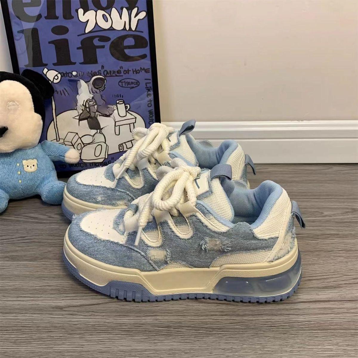 

Джинсовая женская спортивная обувь на платформе, кроссовки Kawaii, винтажные вулканизированные повседневные модные теннисные женские туфли в стиле Харадзюку на плоской подошве, женская обувь 40 синий