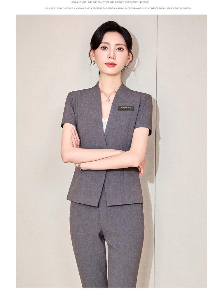 Women's Blue Short-Sleeve Professional Suit Set for Hotel Manager or Receptionist - Spring/Summer Formal Workwear